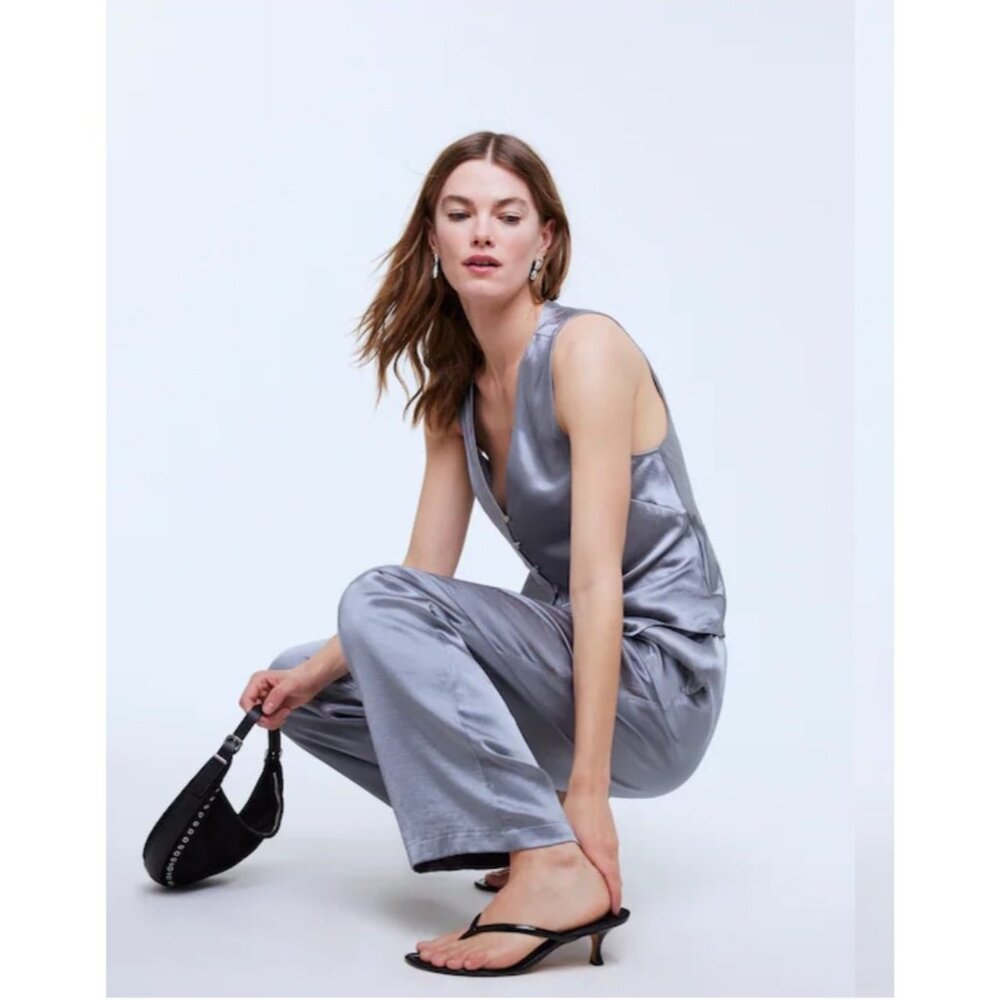NEW Madewell Satin Relaxed-Fit Straight-Leg High-Rise Pull-On Pants Dusk Grey
